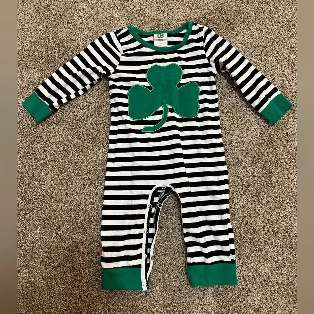 Striped Black and White Kids One Piece with Green Shamrock